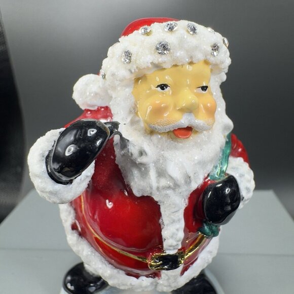 Santa Claus Christmas Enamel Over Metal Bejeweled Hinged Trinket Box Pill Box - Picture 5 of 13